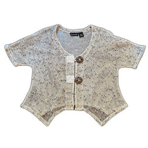 Frazzle size medium Cream Open-Weave Short Sleeve Cardigan with Brown Buttons